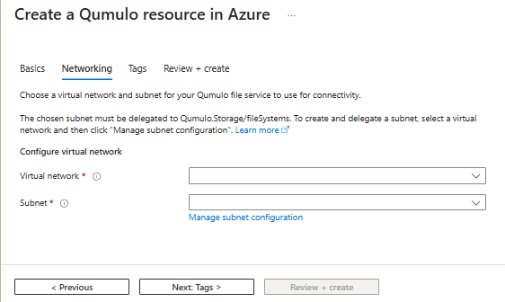 A screenshot of the Create a Qumulo resource in Azure options inside of the Azure portal's working pane with the Networking tab displayed.