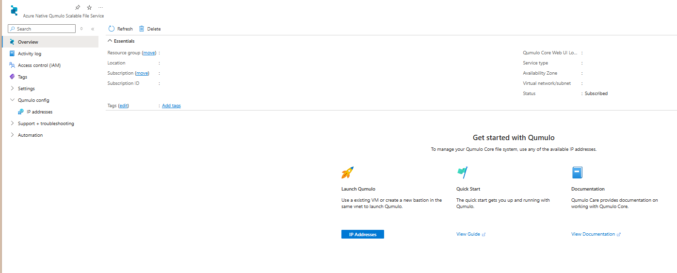 A screenshot of a Qumulo resource in the Azure portal with the overview displayed in the working pane.