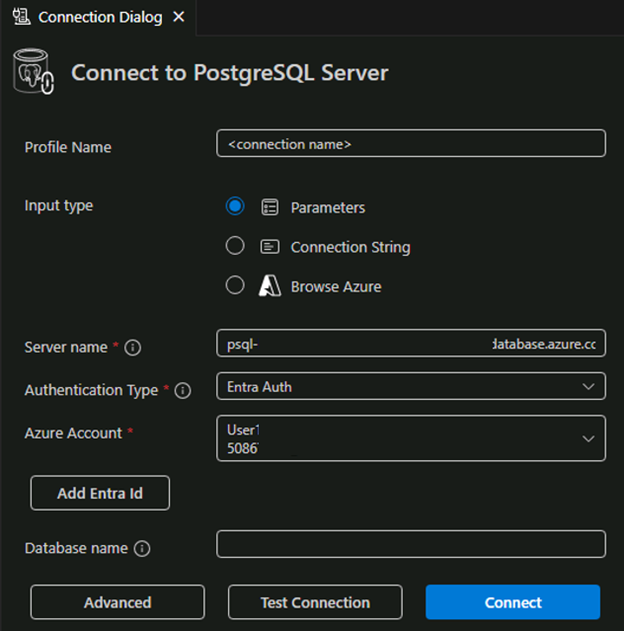 Screenshot of PostgreSQL extension for VS Code connection dialog.