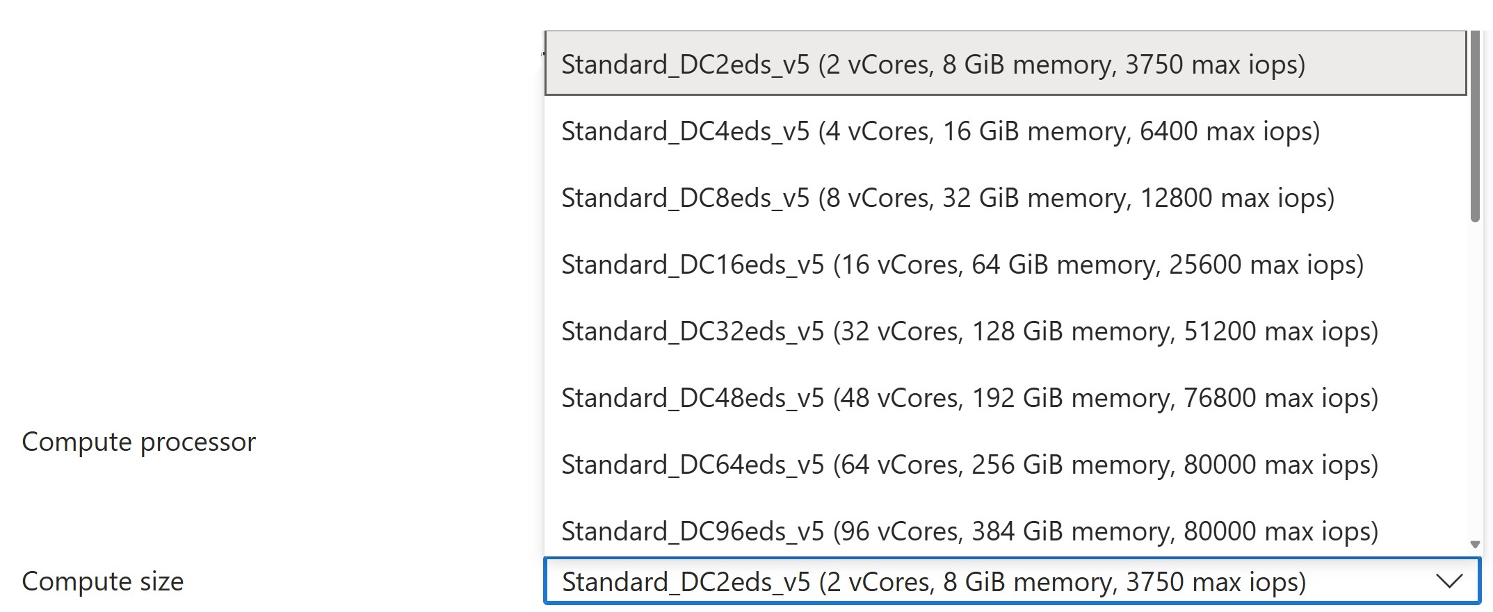 Screenshot of Azure Confidential Computing portal deployment list of compute sizes.