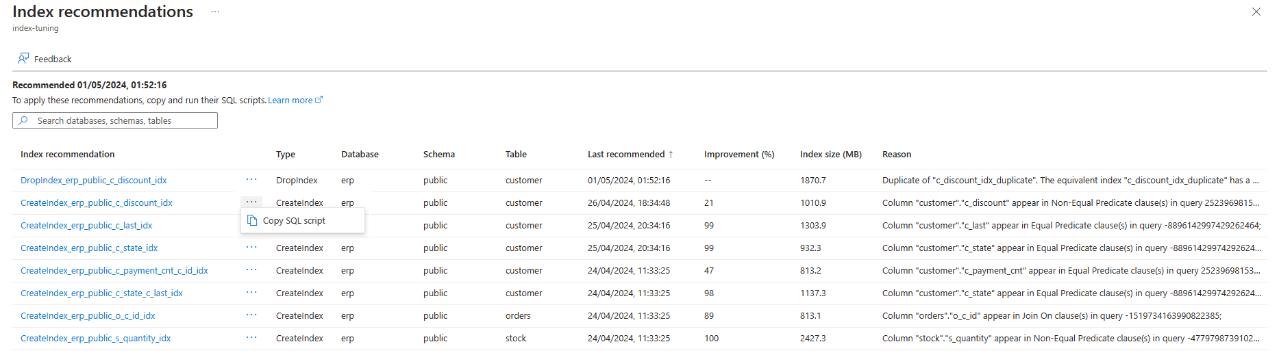 Screenshot that shows how to copy SQL statement from 'Index recommendations' page.