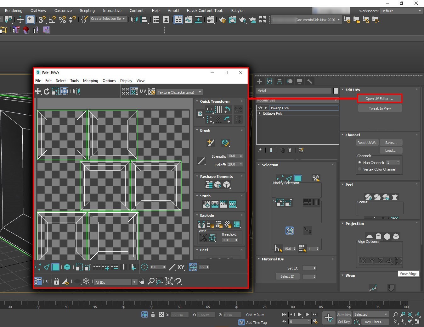 Screenshot that shows unwrapped texture coordinates (UVW).
