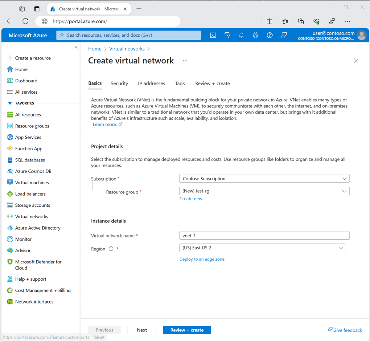 Screenshot that shows the Basics tab of Create virtual network in the Azure portal.