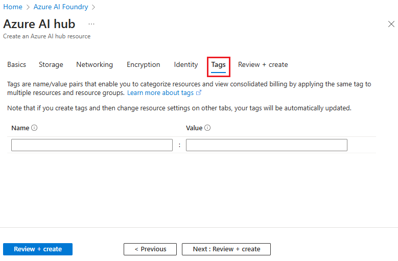 Screenshot of the Create an Azure AI hub with the option to add tags.