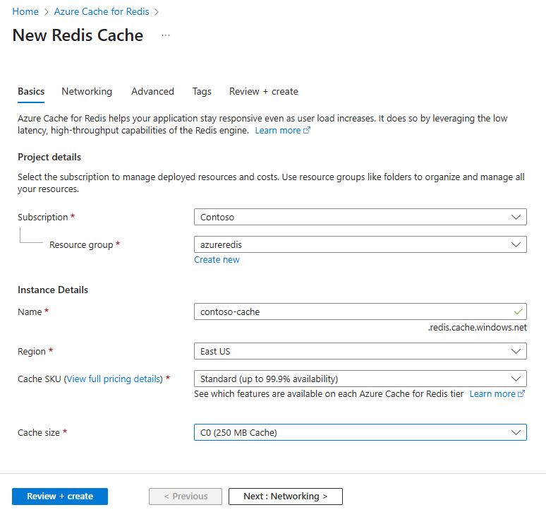 Screenshot that shows the Basics tab of the New Redis Cache page.