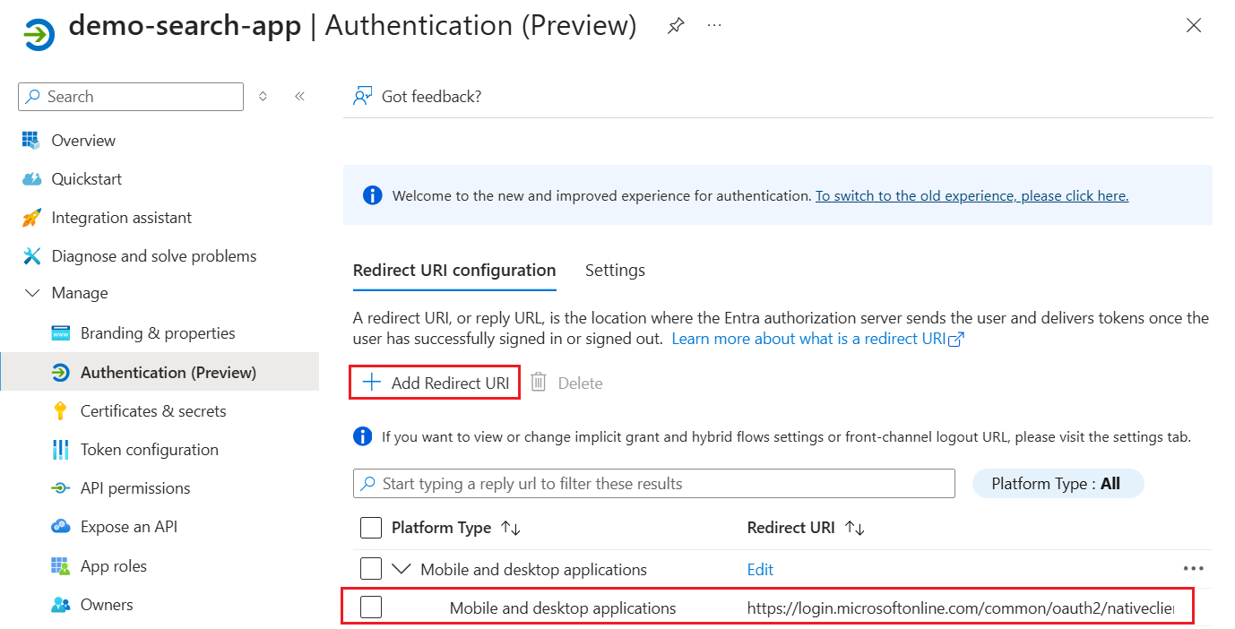 Screenshot showing Microsoft Entra app authentication configuration.