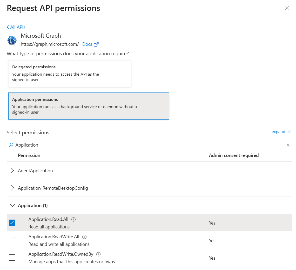 Screenshot of application API permissions.