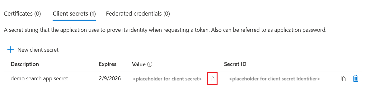 Screenshot showing where to copy a client secret.