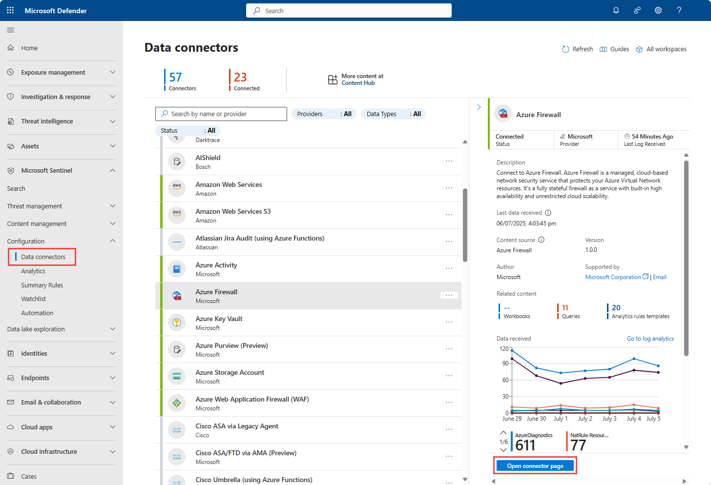 Screenshot of data connector details page in the Defender portal.