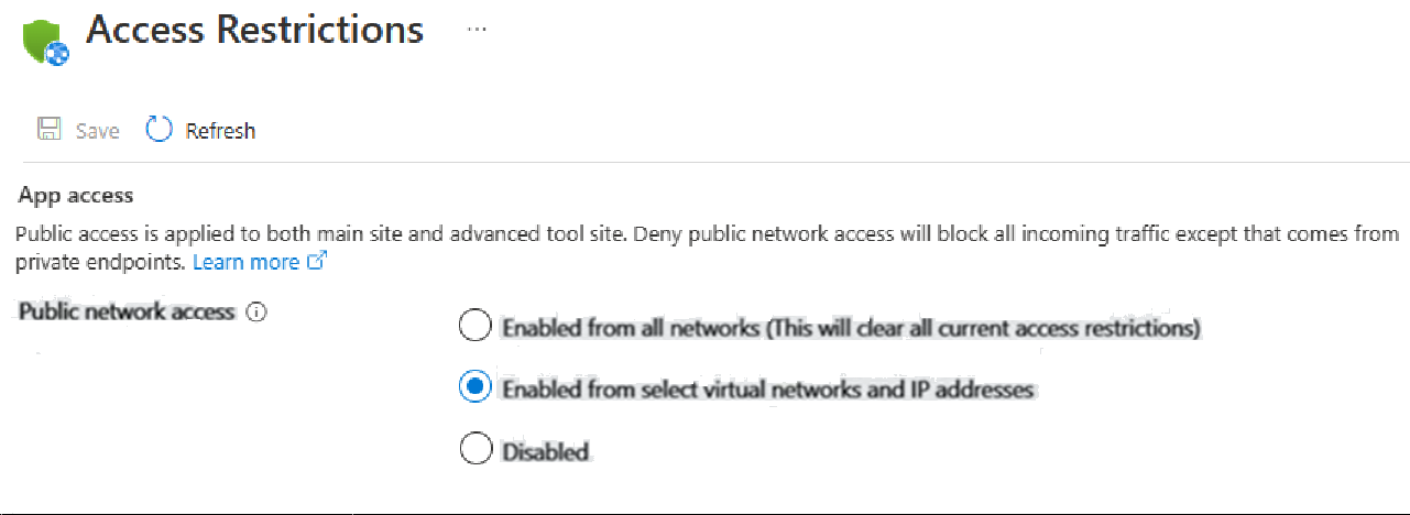 Screenshot showing how to select access restriction policy for configuration.