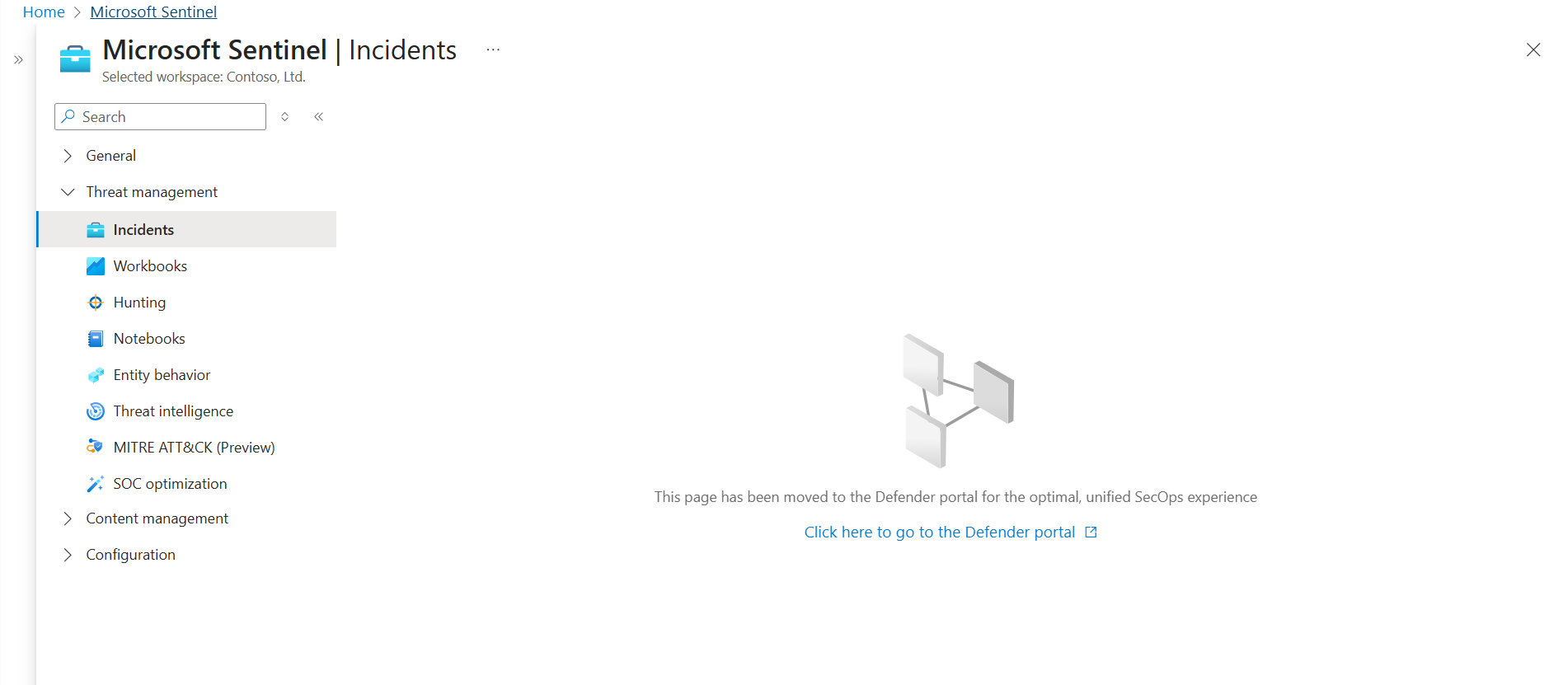Screenshot of a redirect link from the Azure portal to the Defender portal.