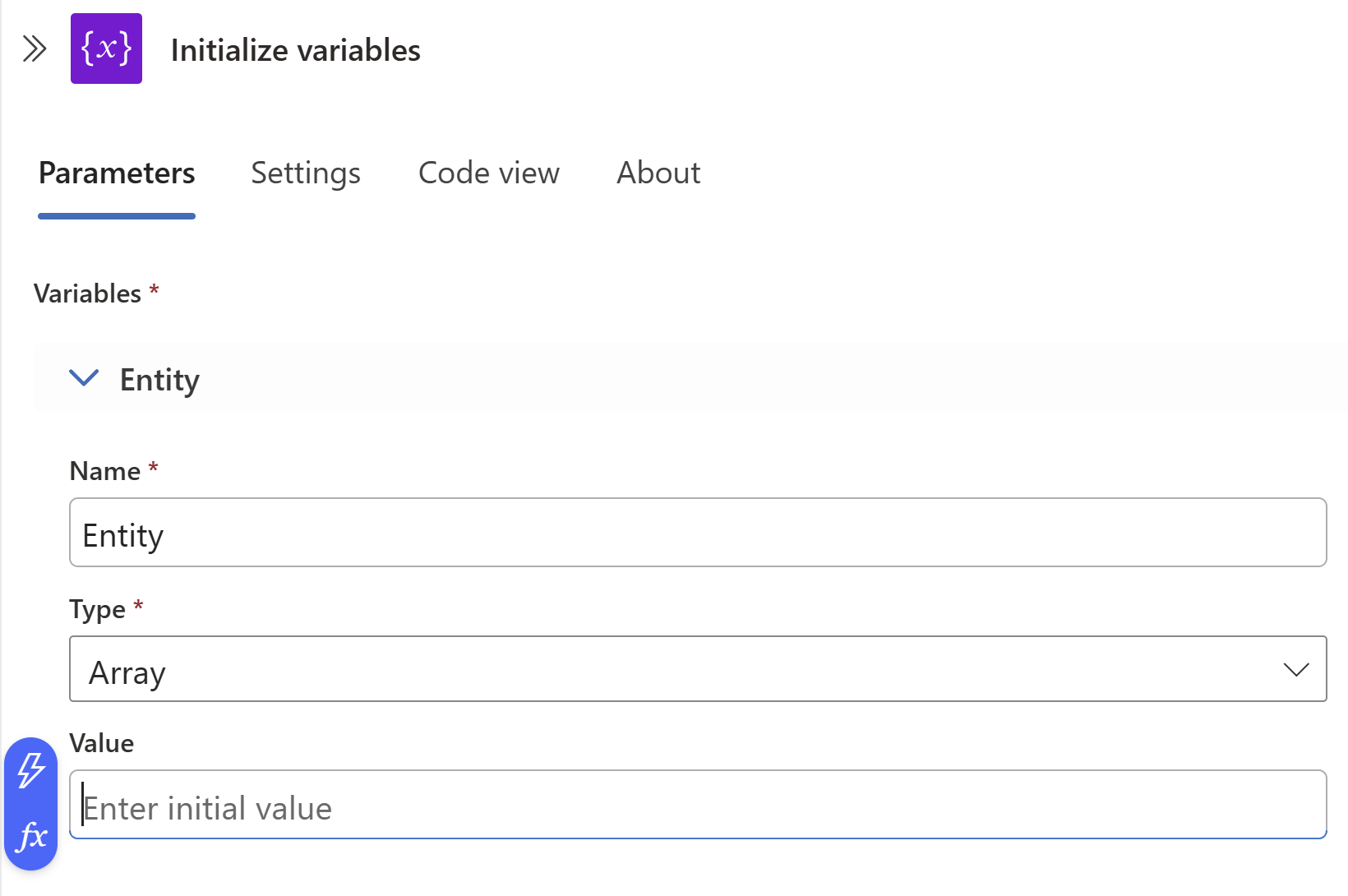 Screenshot of initializing a variable in the Logic app designer.