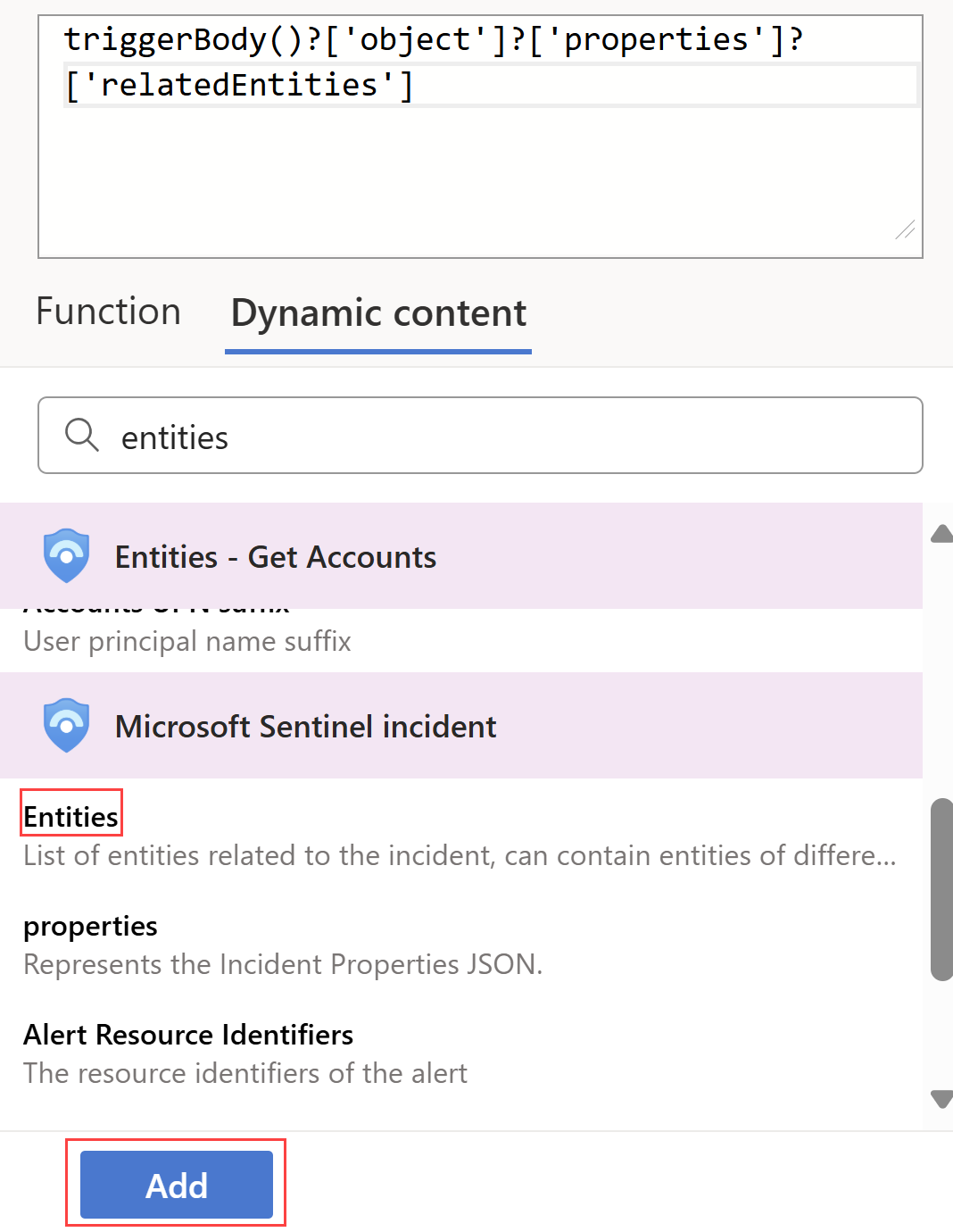 Screenshot of selecting the Entities value in the Logic app designer.
