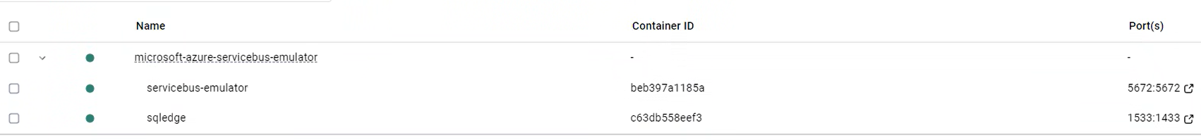 Screenshot that shows the Service Bus emulator running in a container.