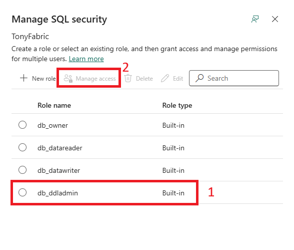 Screenshot of the Fabric portal, selecting the db_ddladmin role, and then clicking Manage access.