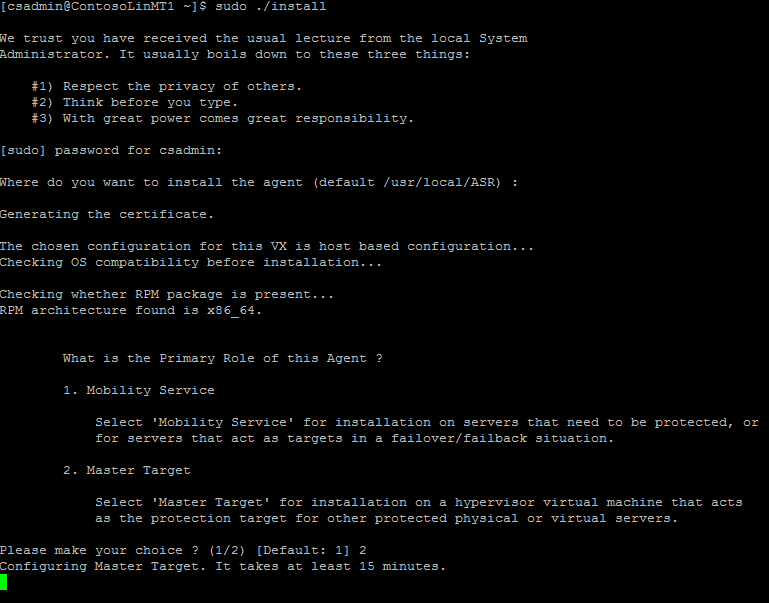 Choosing a default location for installation of master target.