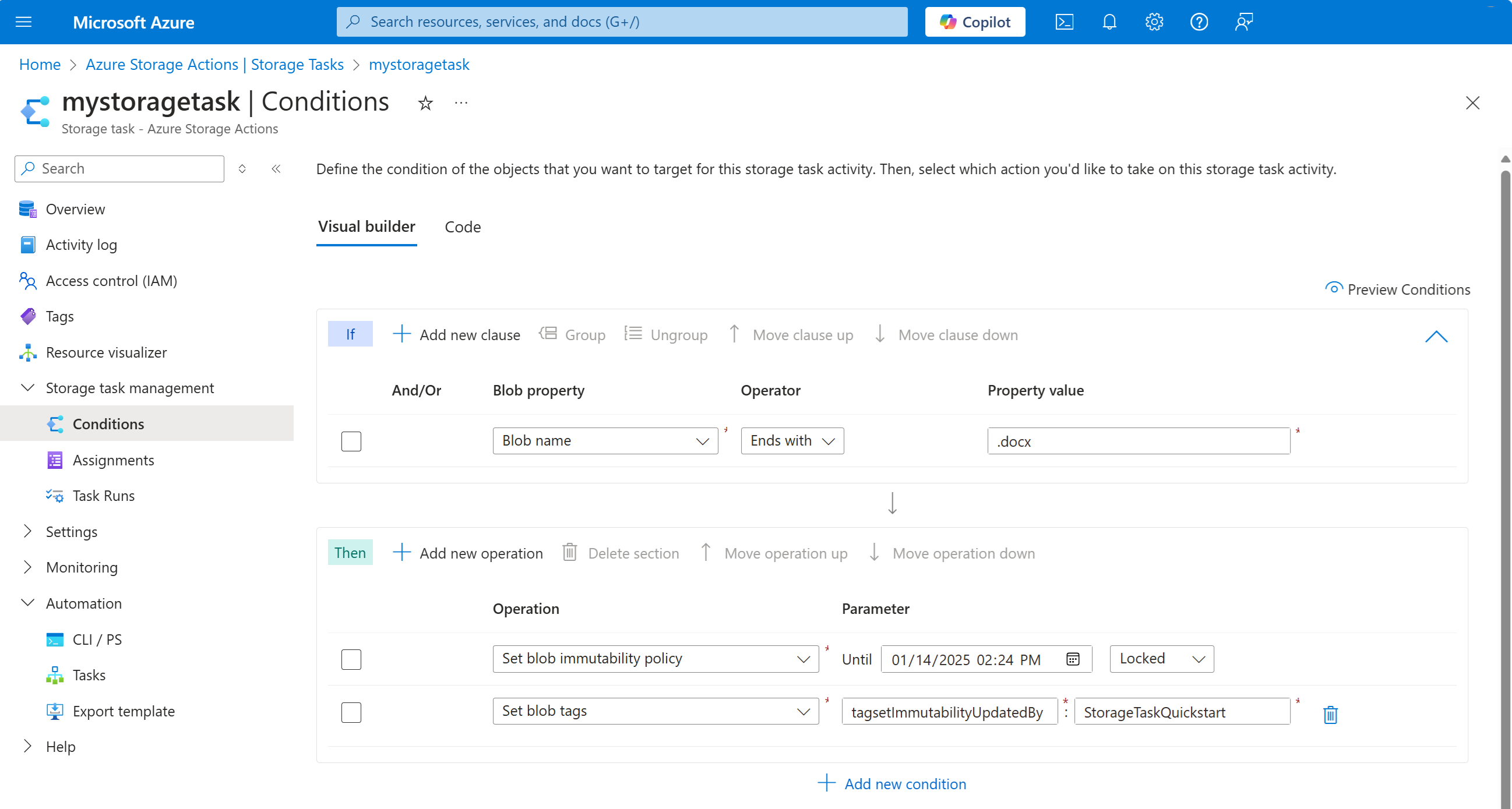 Screenshot of the deployed storage task as it appears in the Azure portal.