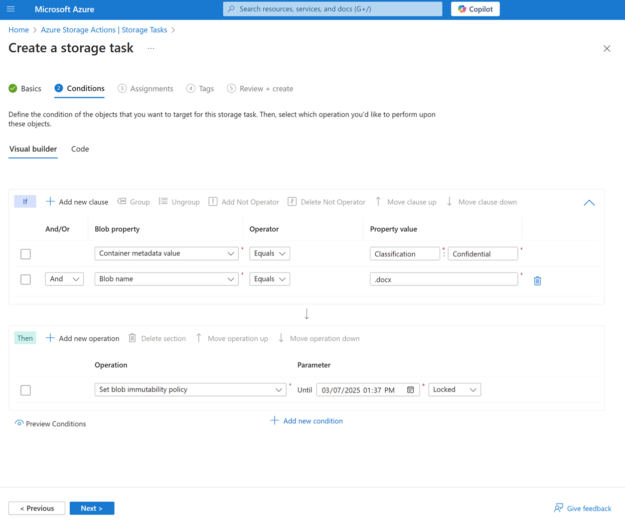 Screenshot of conditions tab of the storage task create experience.
