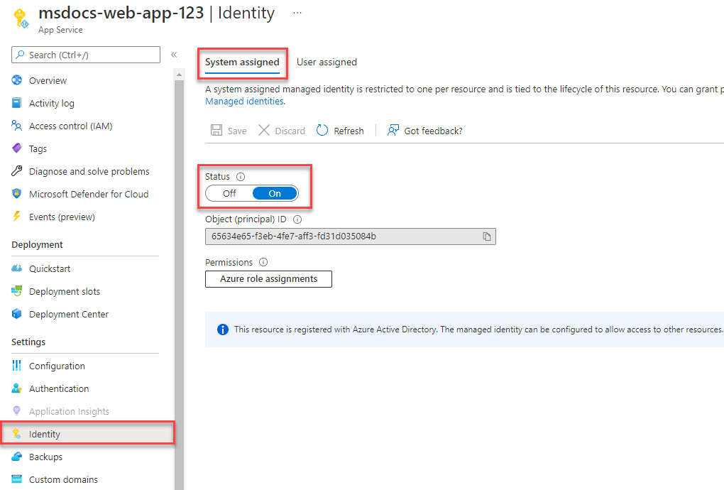 Screenshot showing how to assign a system-assigned managed identity.