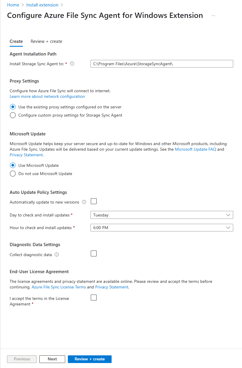 Screenshot showing how to configure the Azure File Sync agent extension for Windows