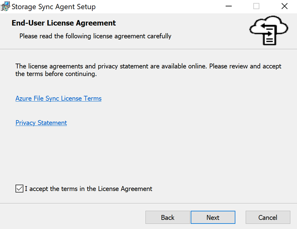 Screenshot of the File Sync Agent Setup Wizard License Agreement Acceptance.