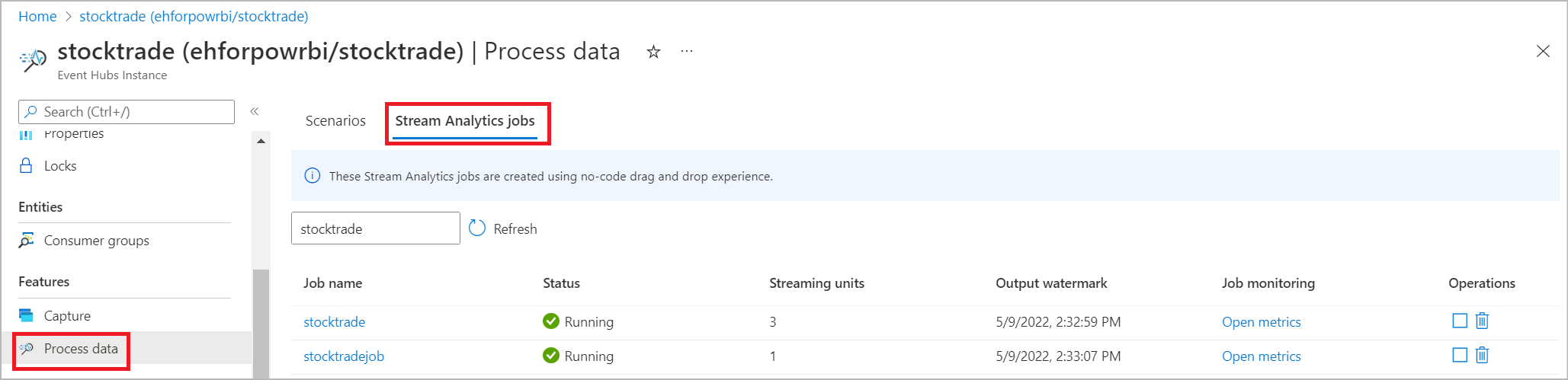 Screenshot of the Stream Analytics jobs tab where you view the running jobs status.