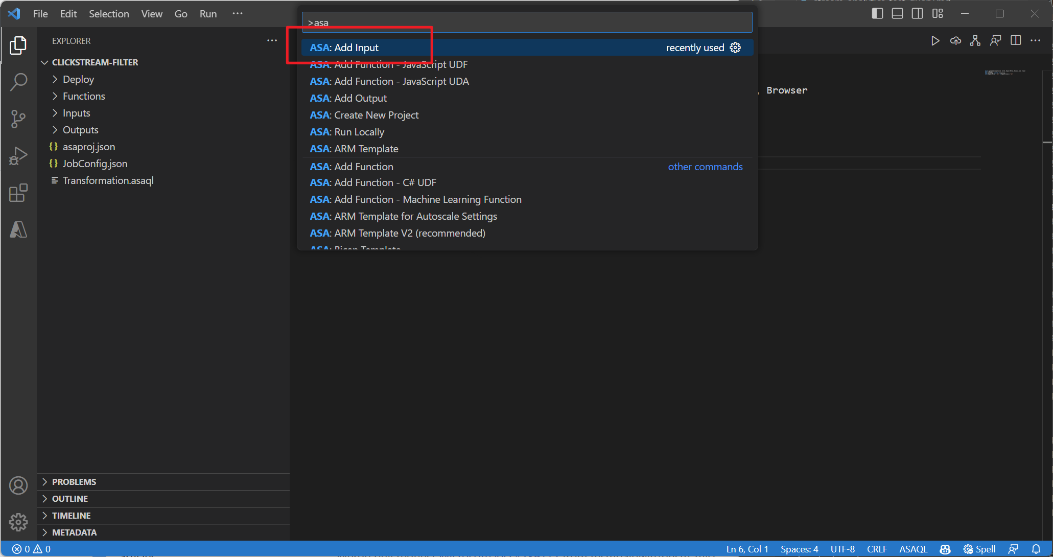 Screenshot of VS Code extension adding input via command palette.