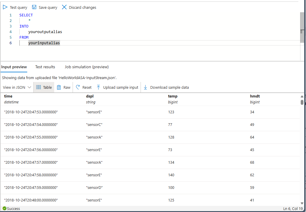 Screenshot that shows sample input data in the Input preview tab.