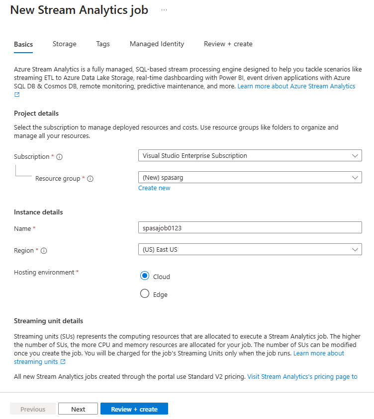 Screenshot that shows the New Stream Analytics job page.