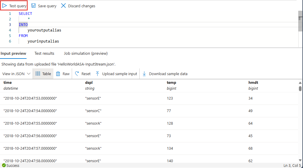 Screenshot that shows the sample query and its results.