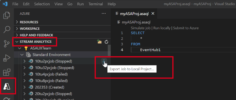 Screenshot of VS Code extension exporting ASA job to Visual Studio Code.