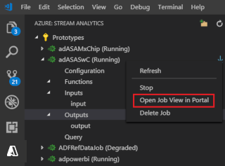 Screenshot of VS Code extension opening job view in portal.
