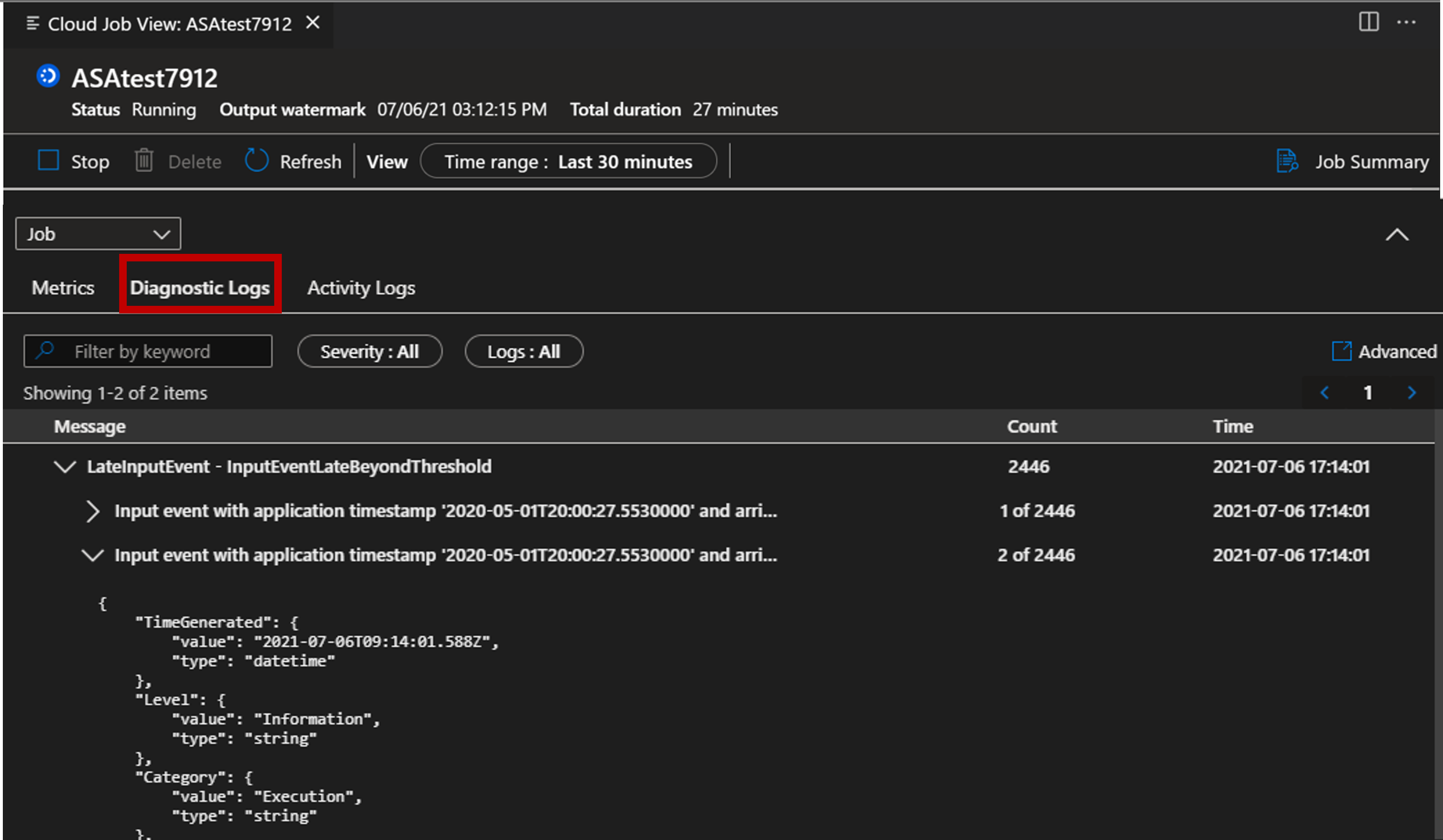Screenshot of VS Code extension viewing Diagnostic Logs.