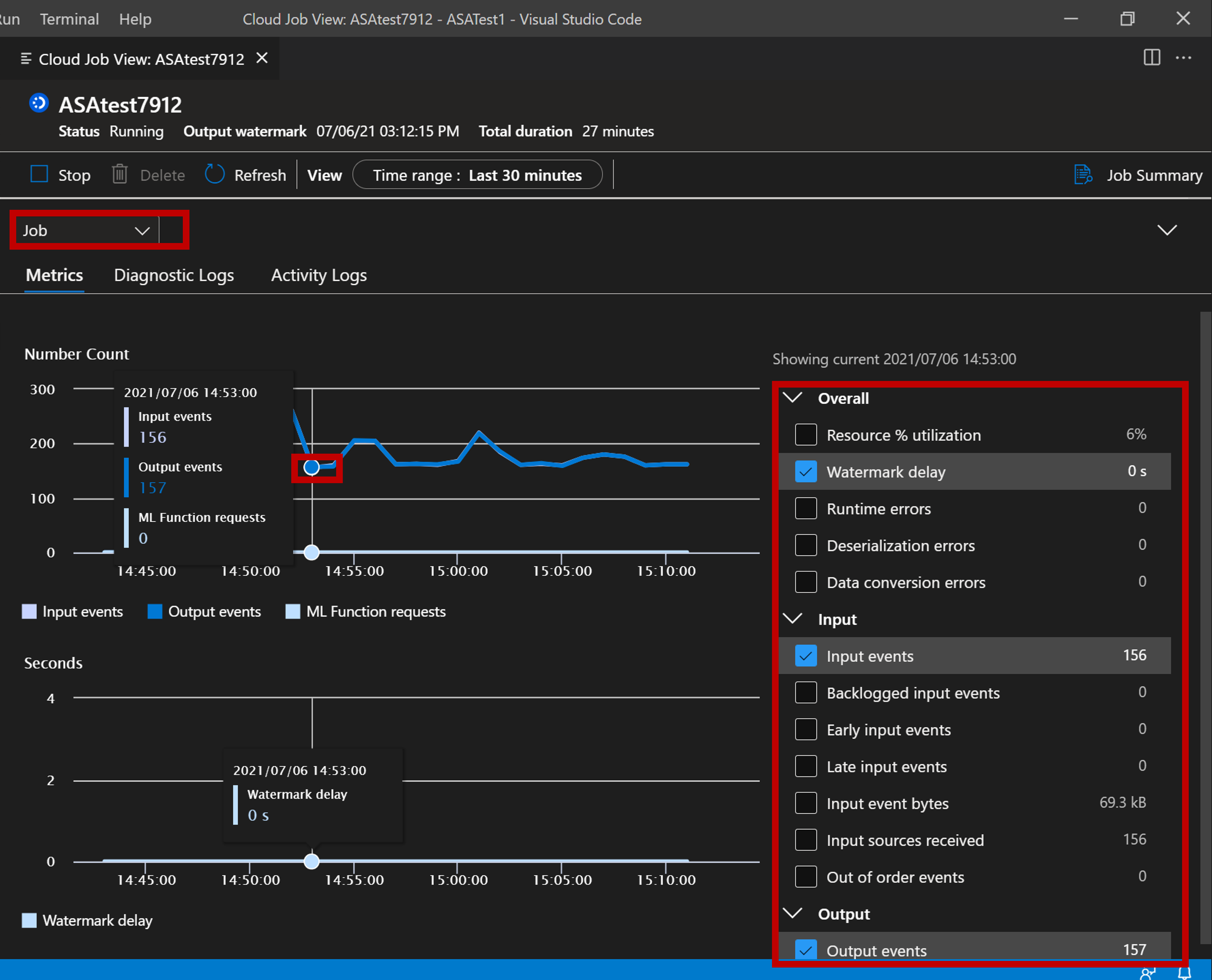 Screenshot of VS Code extension viewing job metrics.