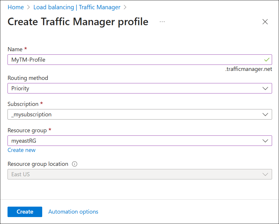 A screenshot of creating a traffic manager profile.
