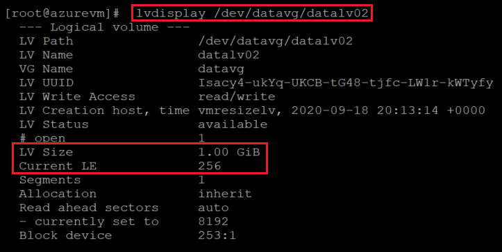 Screenshot showing the code that checks the logical volume size with the command and result highlighted.
