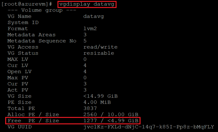 Screenshot showing the V G display code that checks for space on the VG with the command and result highlighted.