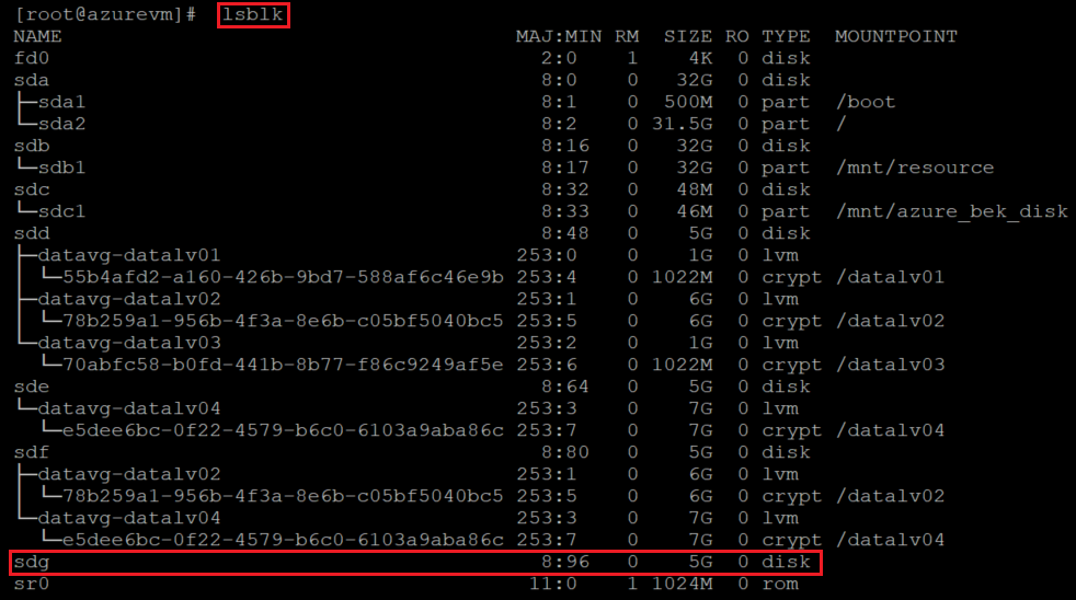 Screenshot showing the code that checks the disk list by using l s b l k with the command and result highlighted.