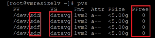 Screenshot showing the code that checks information about the physical volume with the results highlighted.