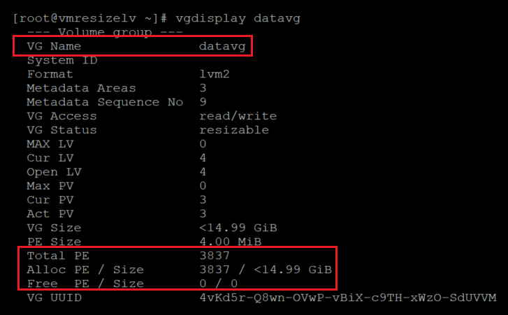 Screenshot showing the code that checks the volume group size with results highlighted.