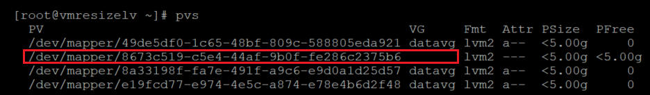 Screenshot showing the code that verifies that the physical volume was added to the LVM configuration with the result highlighted.