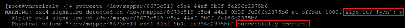Screenshot showing the code that creates a physical volume on the encrypted layer with the results highlighted.