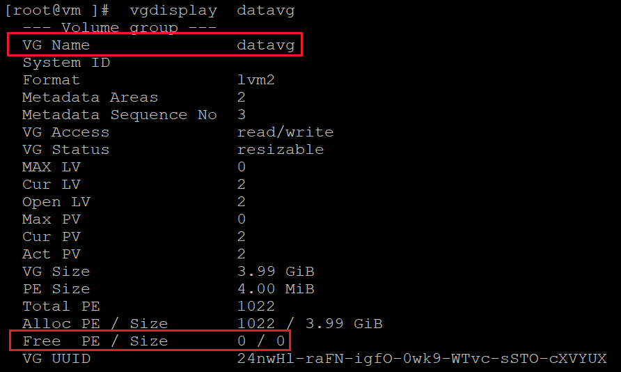 Screenshot showing the code that checks information for volume groups with the results highlighted.