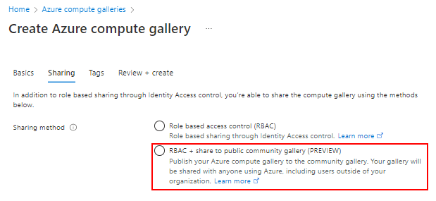 Screenshot that shows the option to both share by using role-based access control and share to a public community gallery.