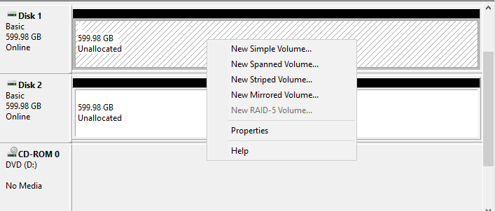 Screenshot of the menu for selecting a new volume type.