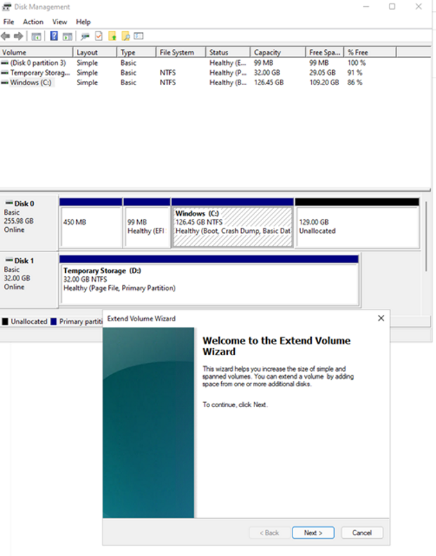 Screenshot that shows how to extend the volume.