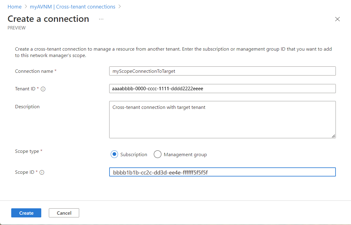 Screenshot of settings entered to create a cross-tenant connection in Azure Virtual Network Manager.