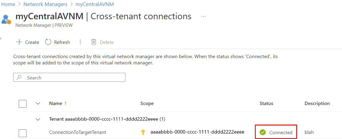 Screenshot of cross-tenant connection status showing Connected in Azure Virtual Network Manager.