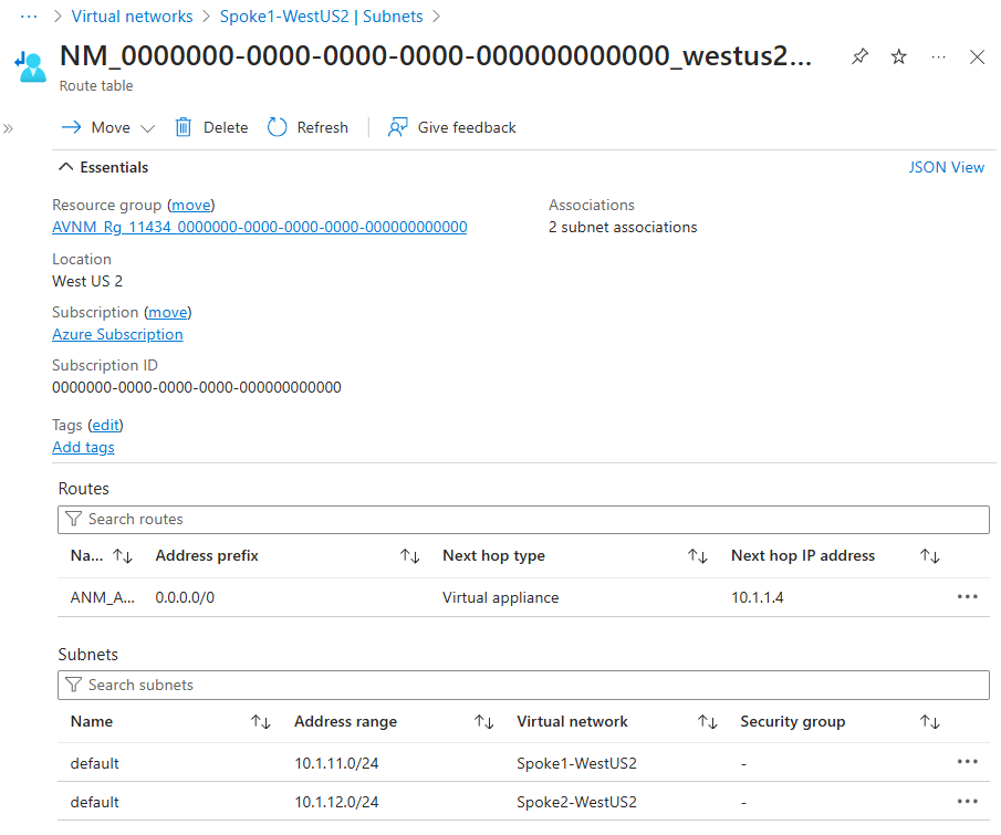 Screenshot of route table for subnet.