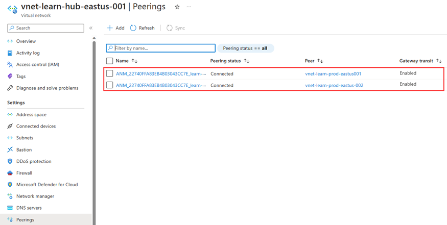Screenshot of virtual network peerings created by Azure Virtual Network Manager.